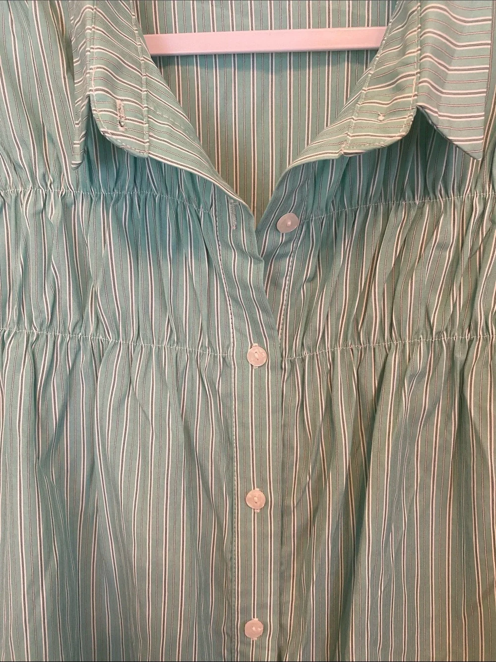 Olive & Oak Mint Green Striped Ruffle-Sleeve Button Front Dress Shirt
